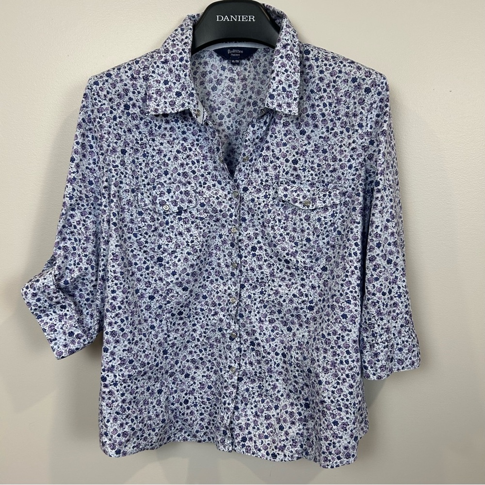 Reitmans White and Blue Floral Button-Up Blouse